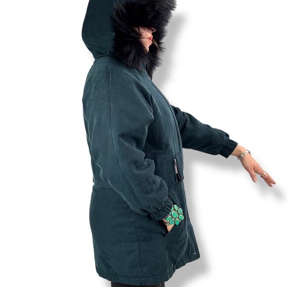 Vintage 90's deep cyan microsuede water repellant coat with fox fur trim hood - Picture 8 of 16